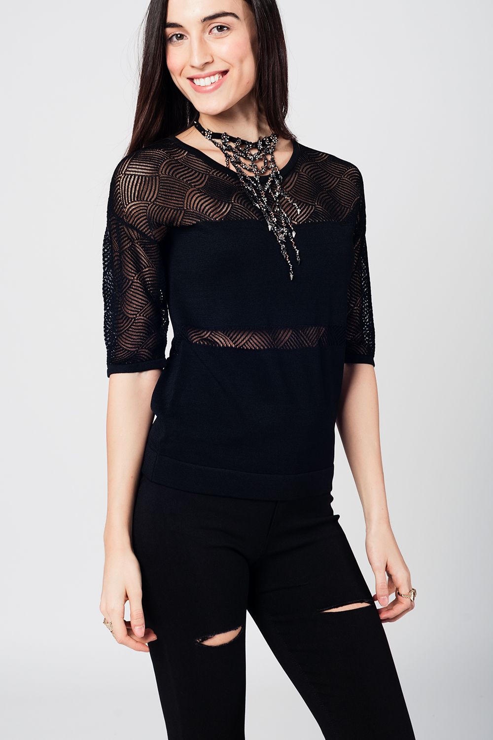 Black knitted top with lace contrast detail Szua Store