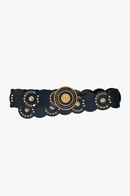 Q2 Black leather belt with black rhinestone round buckle and golden details