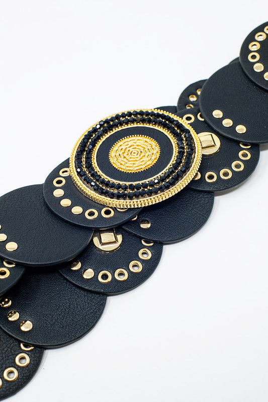 Black leather belt with black rhinestone round buckle and golden details