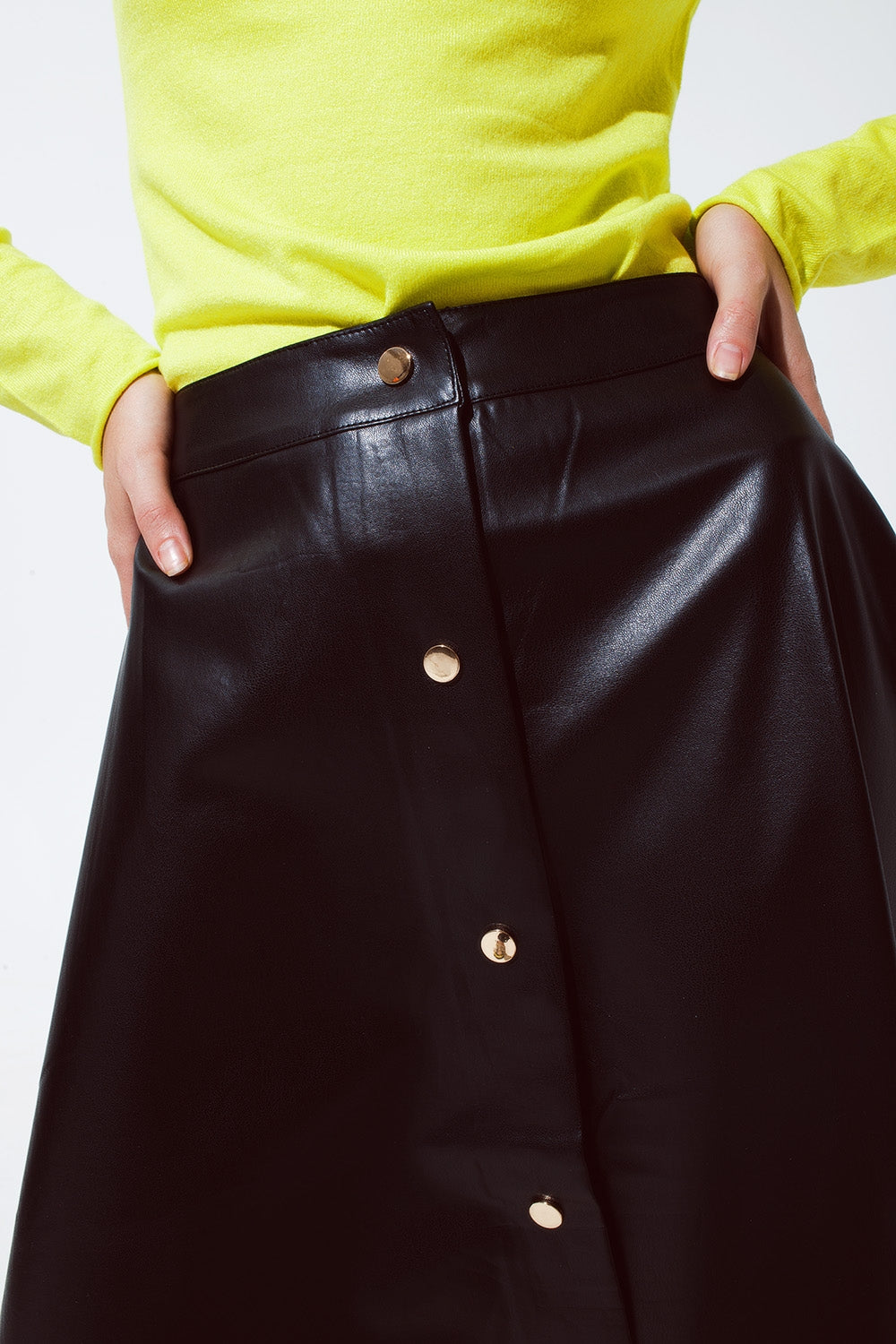 Black Leatherette buttoned Midi skirt