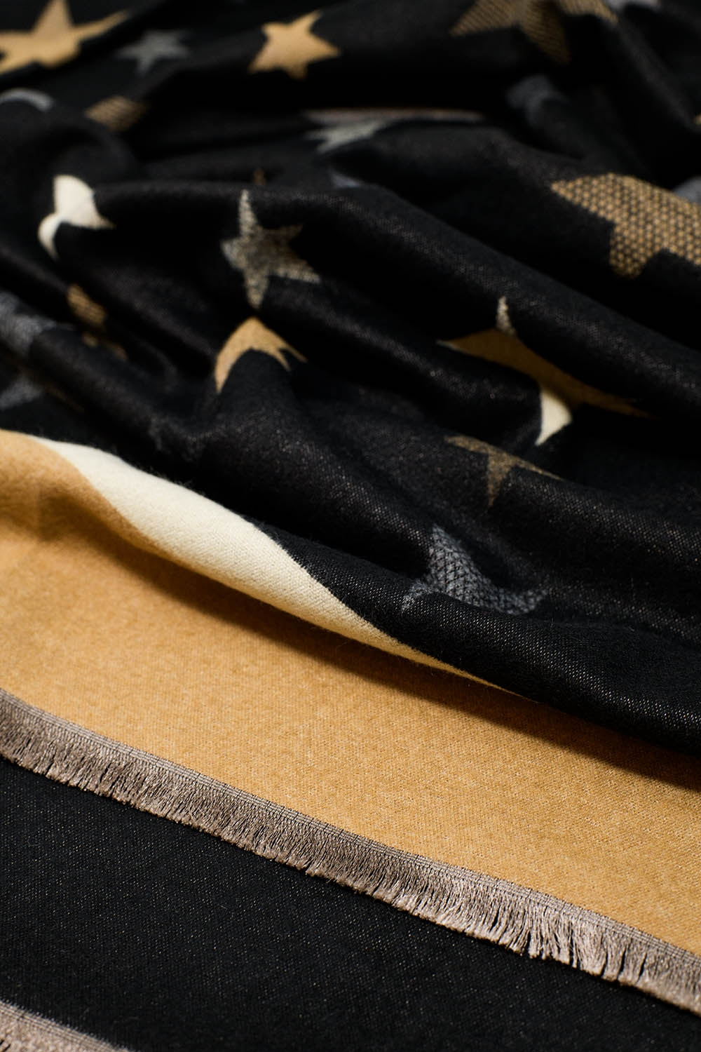 Black Lightweight Scarf with Stripes and Stars in Grey and Brown