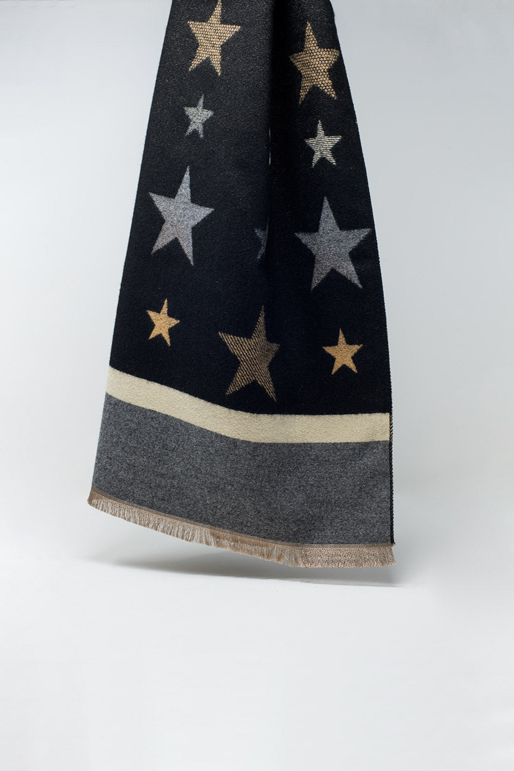 Black Lightweight Scarf with Stripes and Stars in Grey and Brown
