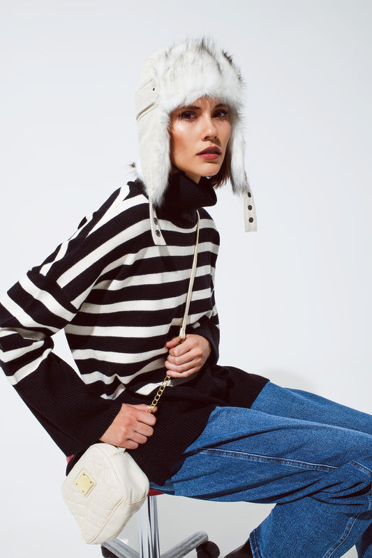 Q2 Black oversized trutleneck sweater with white stripes and splits on the side