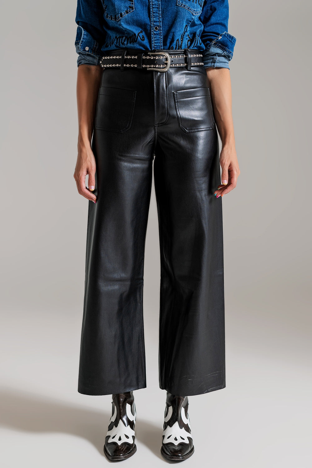 Q2 black palazzo-style faux leather pants with pocket detail