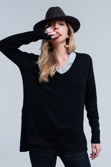 Black ribbed V-neck sweater Szua Store