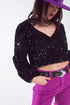 Q2 Black sequin top with V-Neckline ballon sleeves and Open Back