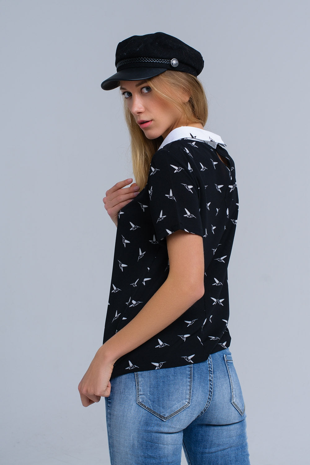 Black shirt with white printed birds Szua Store