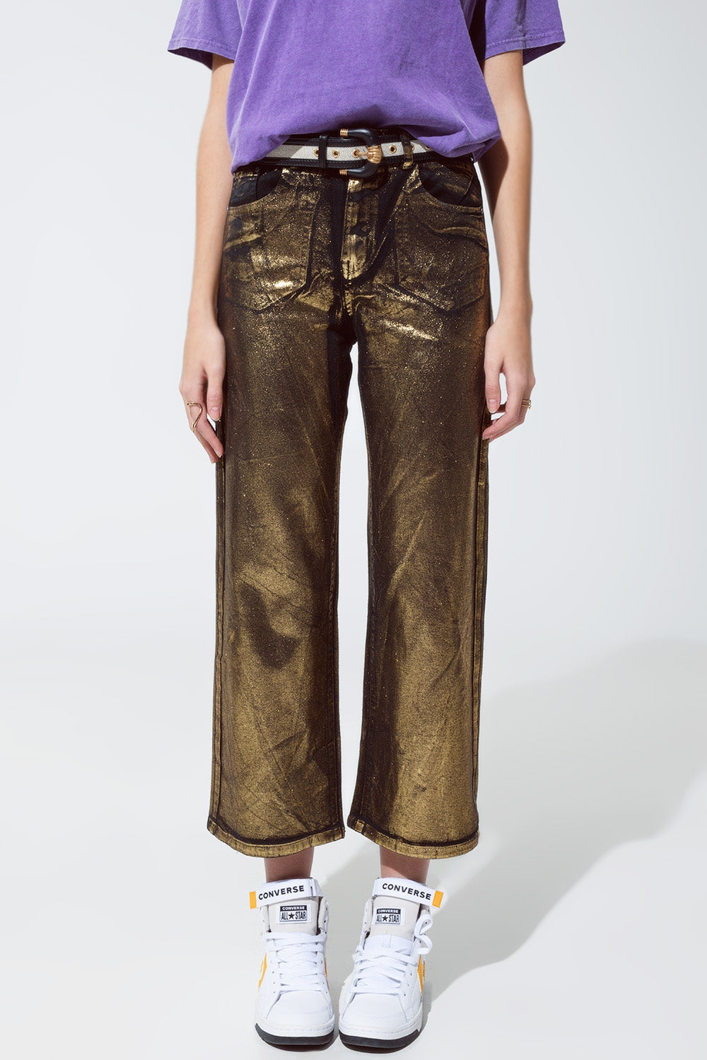 Q2 Black straight leg jeans with gold metallic glow