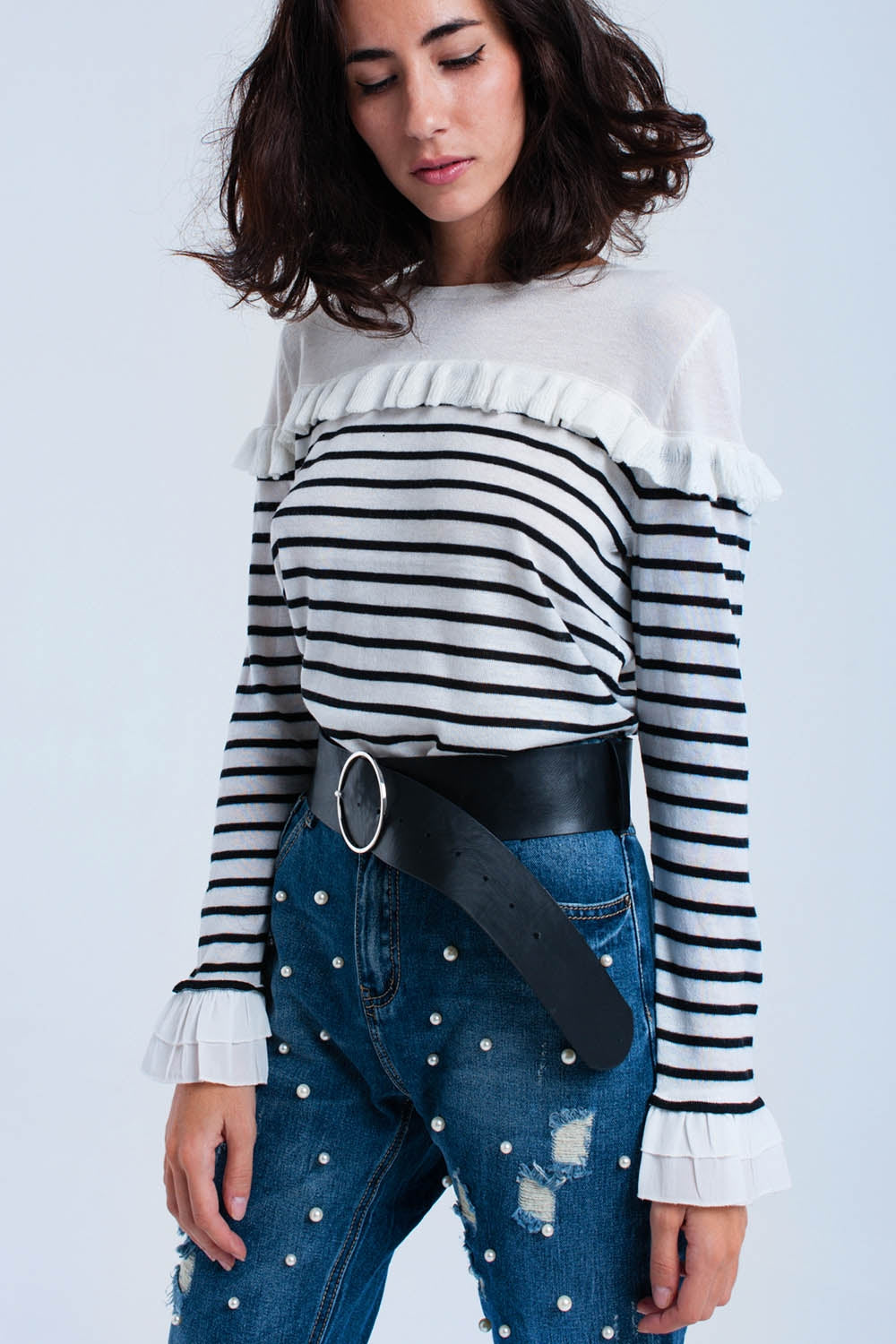 Black striped sweater with ruffles Szua Store