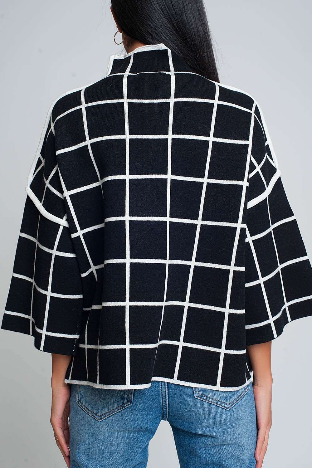 Black sweater with chequered print in 3/4 sleeve and high neck Szua Store