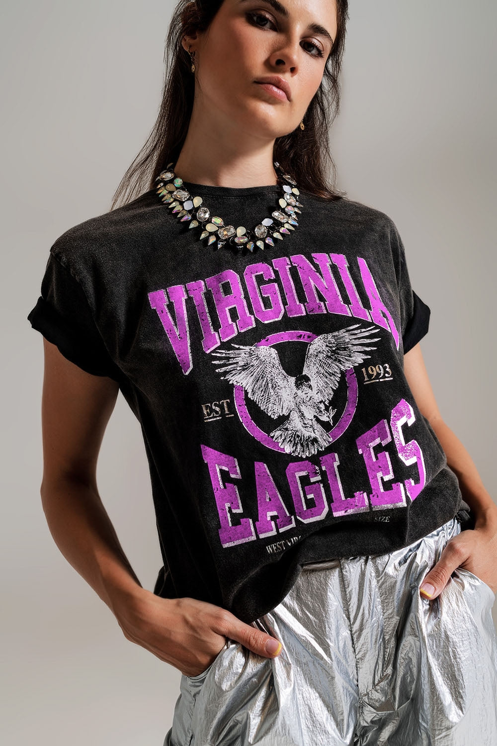 Q2 Black T-shirt with Virgina Eagels text in pink