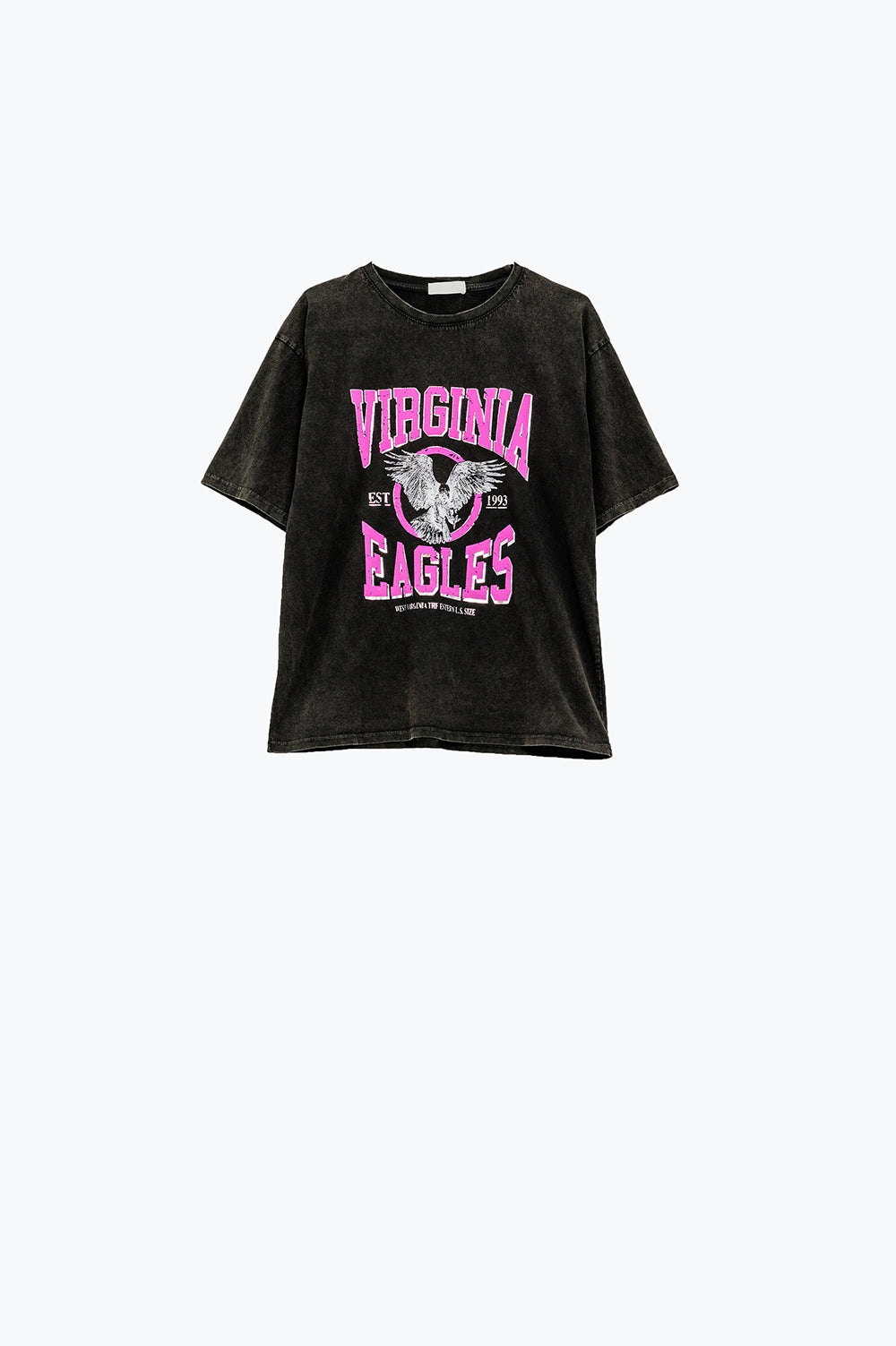 Black T-shirt with Virgina Eagels text in pink