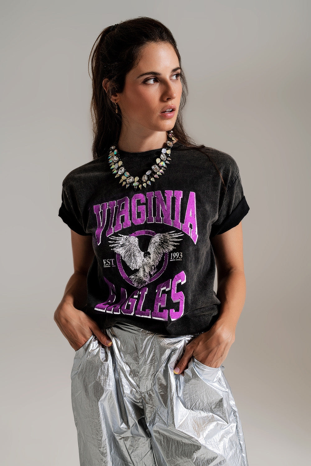 Black T-shirt with Virgina Eagels text in pink