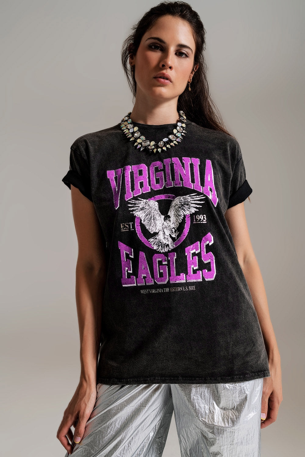 Black T-shirt with Virgina Eagels text in pink