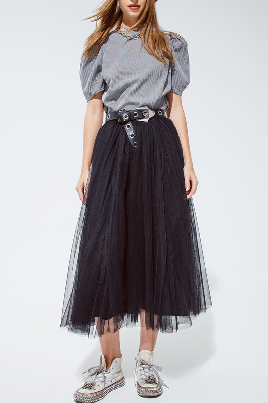 Q2 Black tulle midi skirt with elastic waist
