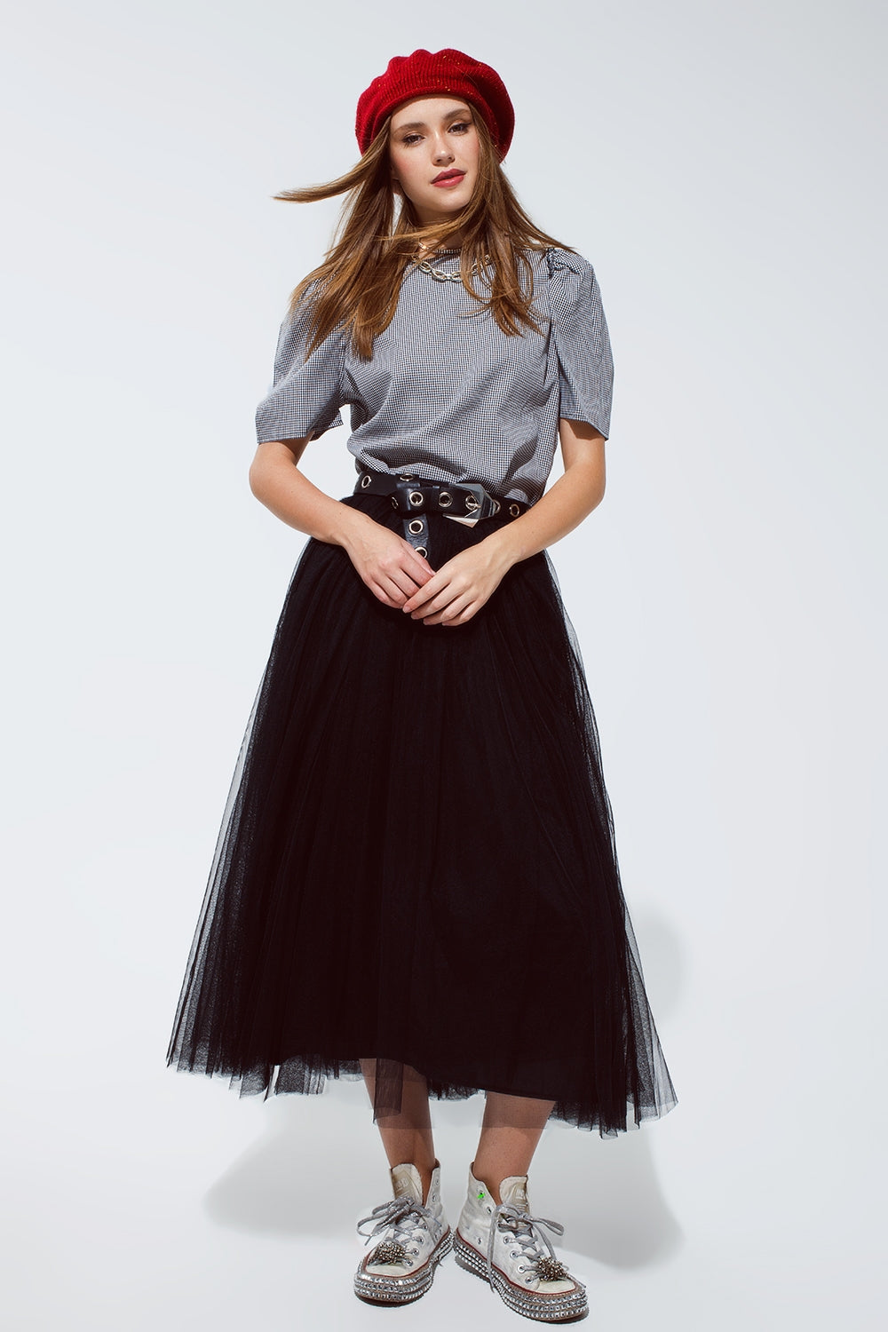 Black tulle midi skirt with elastic waist