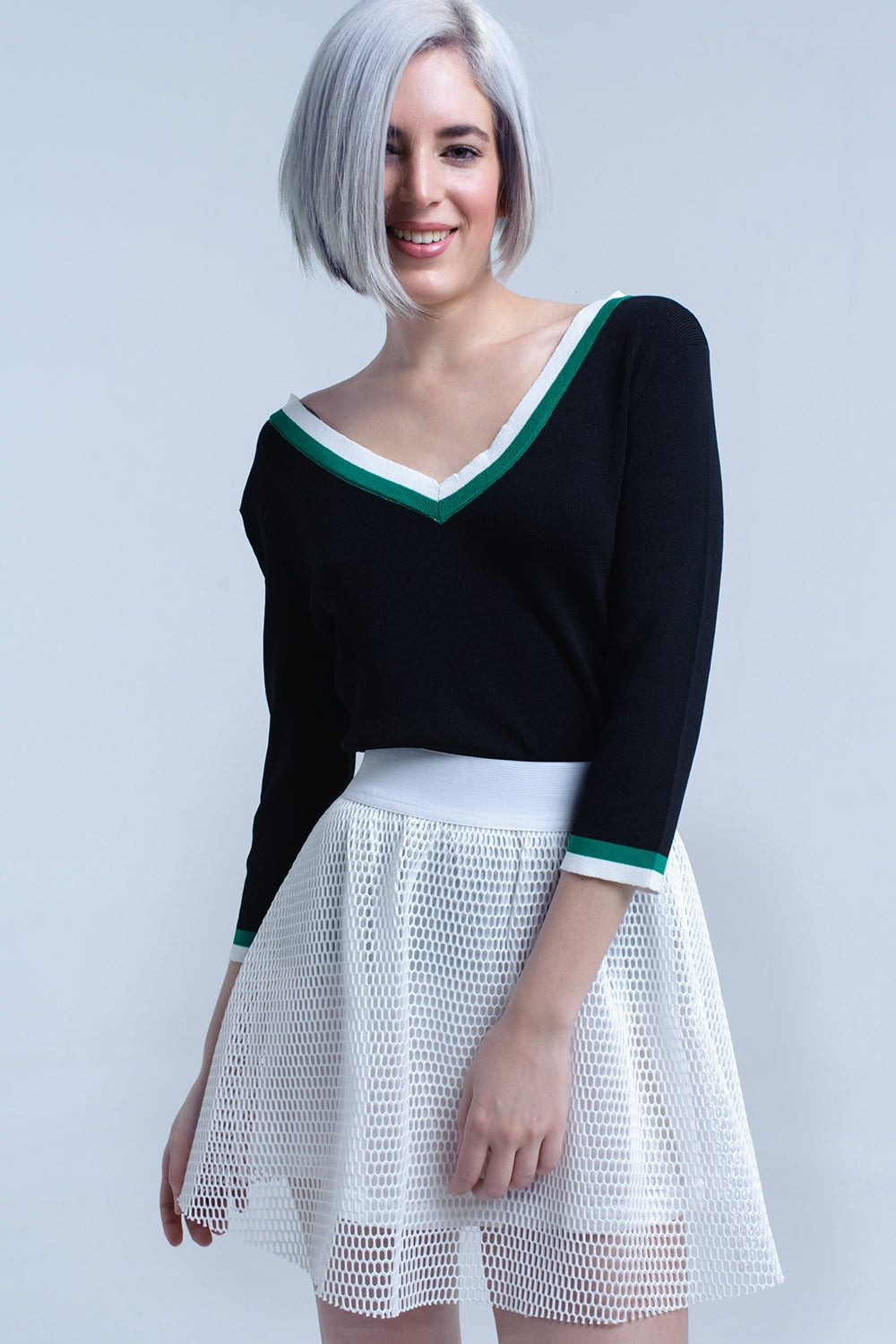 Black V-neck jersey with green and white contrast trim Szua Store