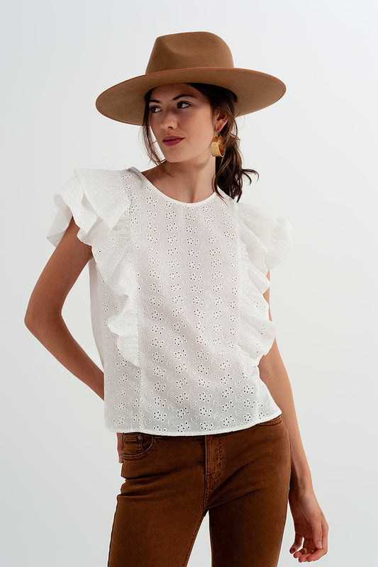 blouse with frill ruffle sleeves in cotton broderie Szua Store