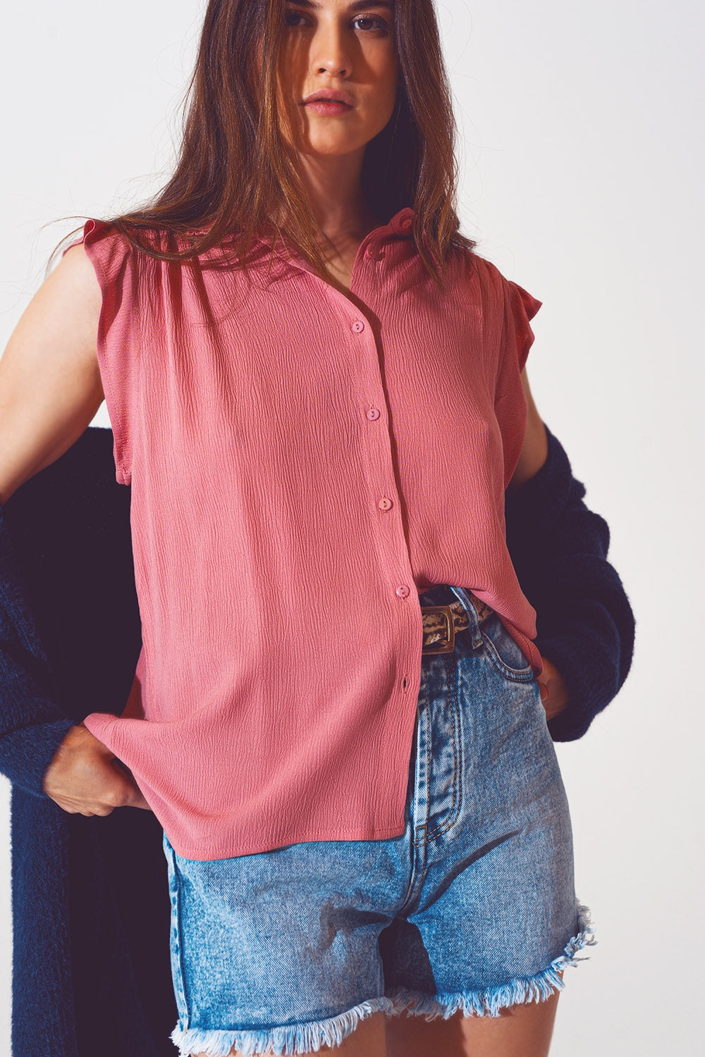 Blouse with frill short sleeve in pink - Szua Store