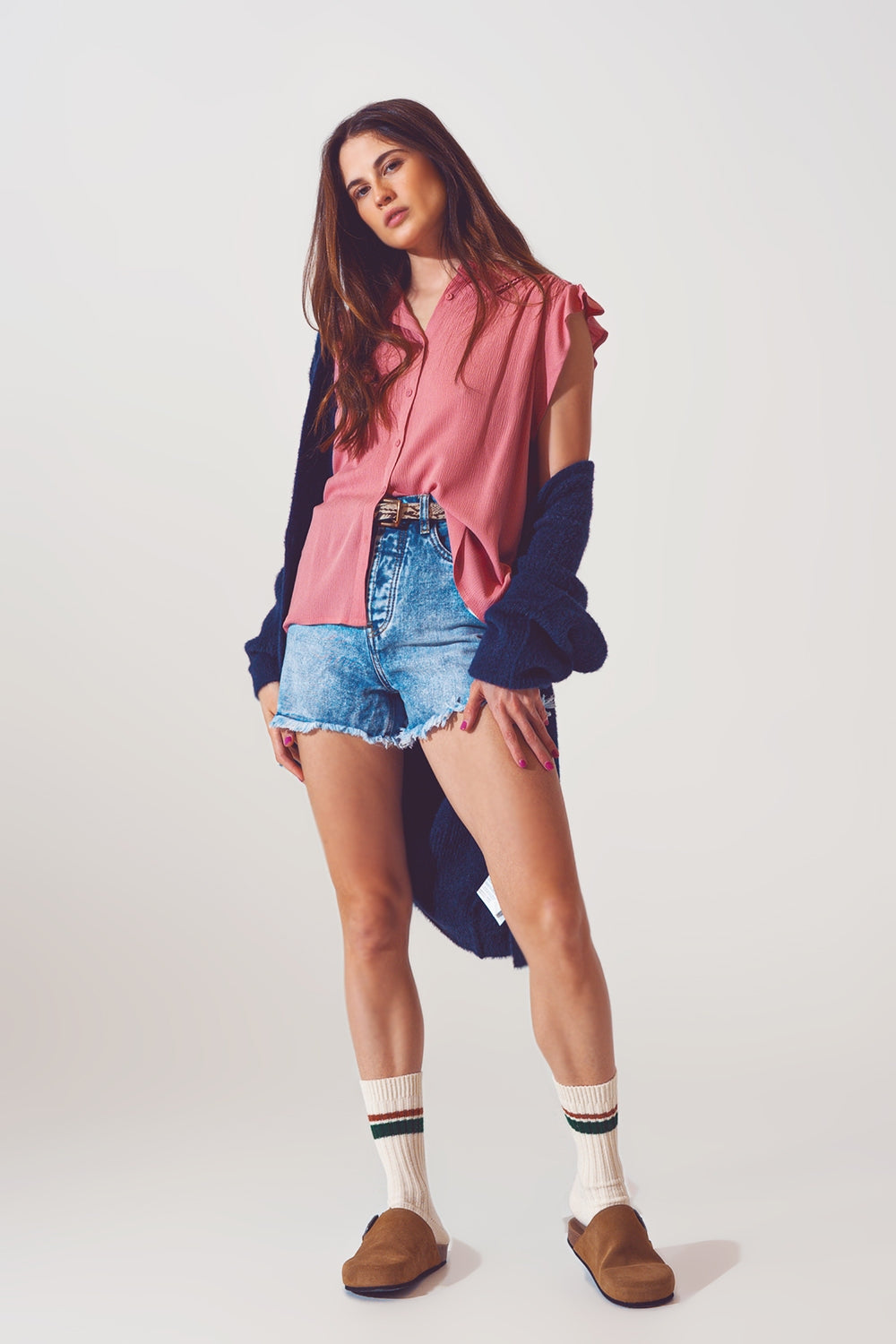 Blouse with frill short sleeve in pink - Szua Store