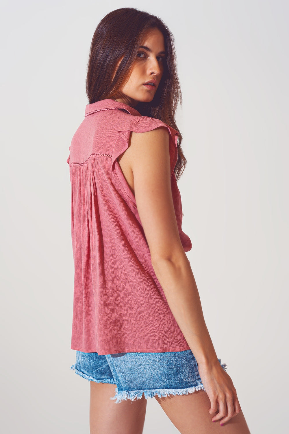 Blouse with frill short sleeve in pink - Szua Store