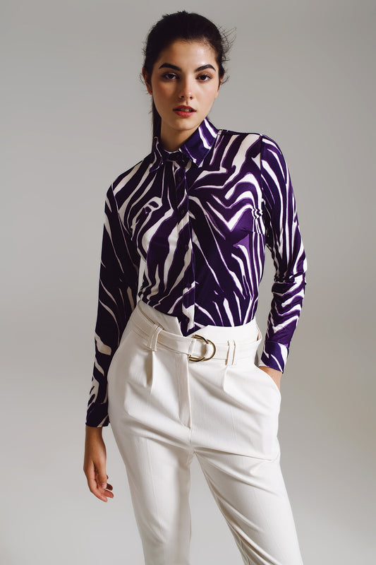 Q2 Blouse with zebra print in Purple and Cream