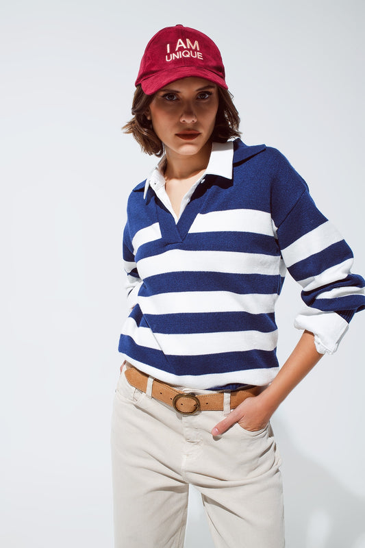 Q2 Blue and white striped sweater with V neck and polo collar