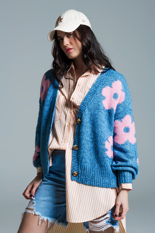 Q2 Blue cardigan with pink flowers and  wide V-neckline