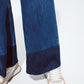 Blue flaired jeans with dark blue hem