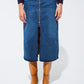 Q2 Blue maxi demin skirt with a long zipper chunky zipper down the front in Medium wash