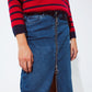 Blue maxi demin skirt with a long zipper chunky zipper down the front in Medium wash