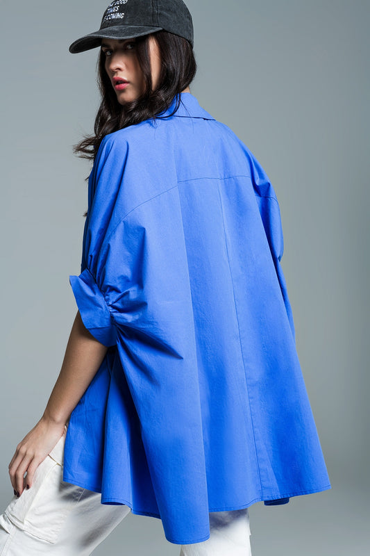 Blue  oversized blouse with short sleeves