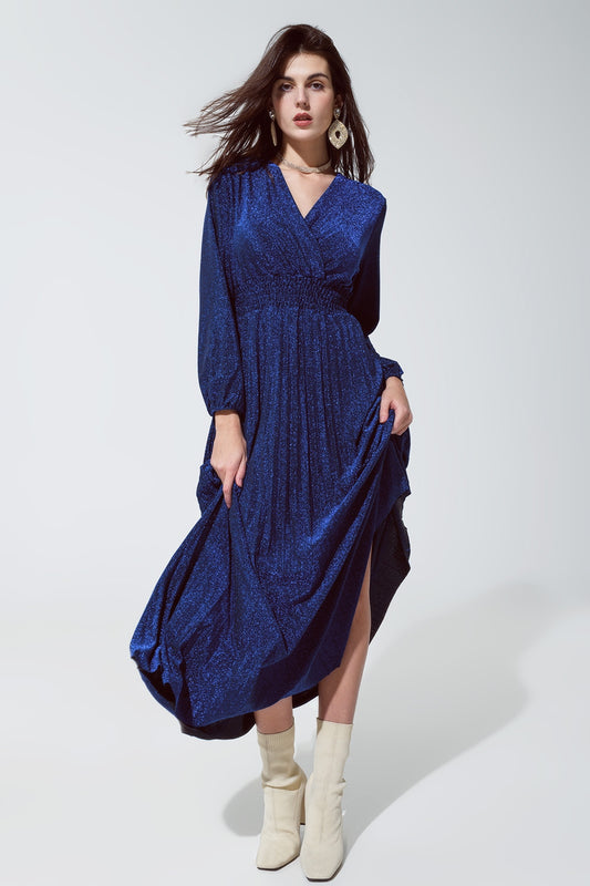 Q2 Blue shiny fitted high waist maxi dress with V neck