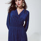 Blue shiny fitted high waist maxi dress with V neck