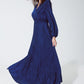 Blue shiny fitted high waist maxi dress with V neck