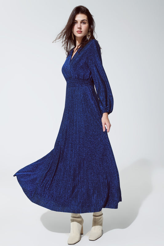 Blue shiny fitted high waist maxi dress with V neck