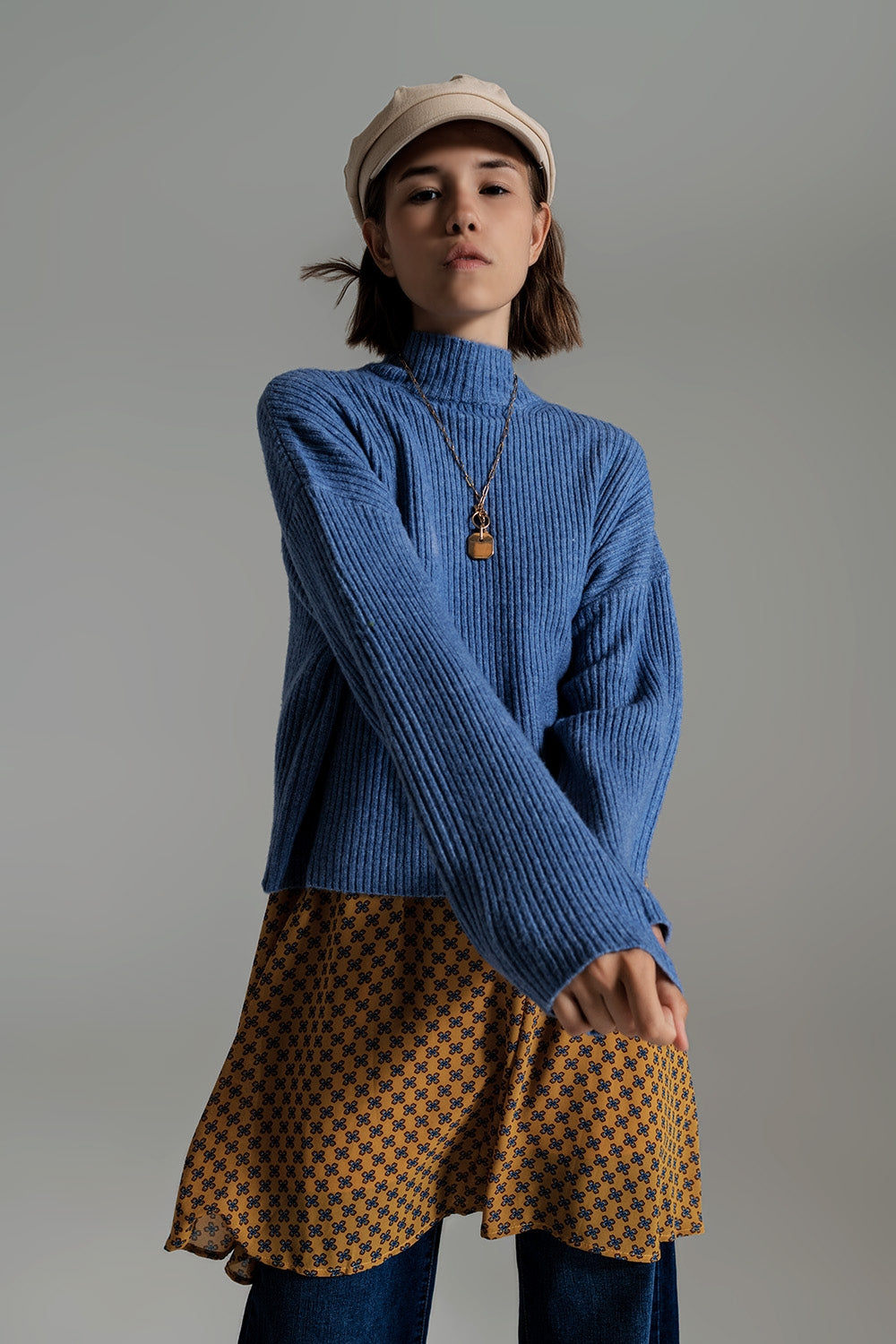 Blue soft ribbed turtleneck jumper - Szua Store