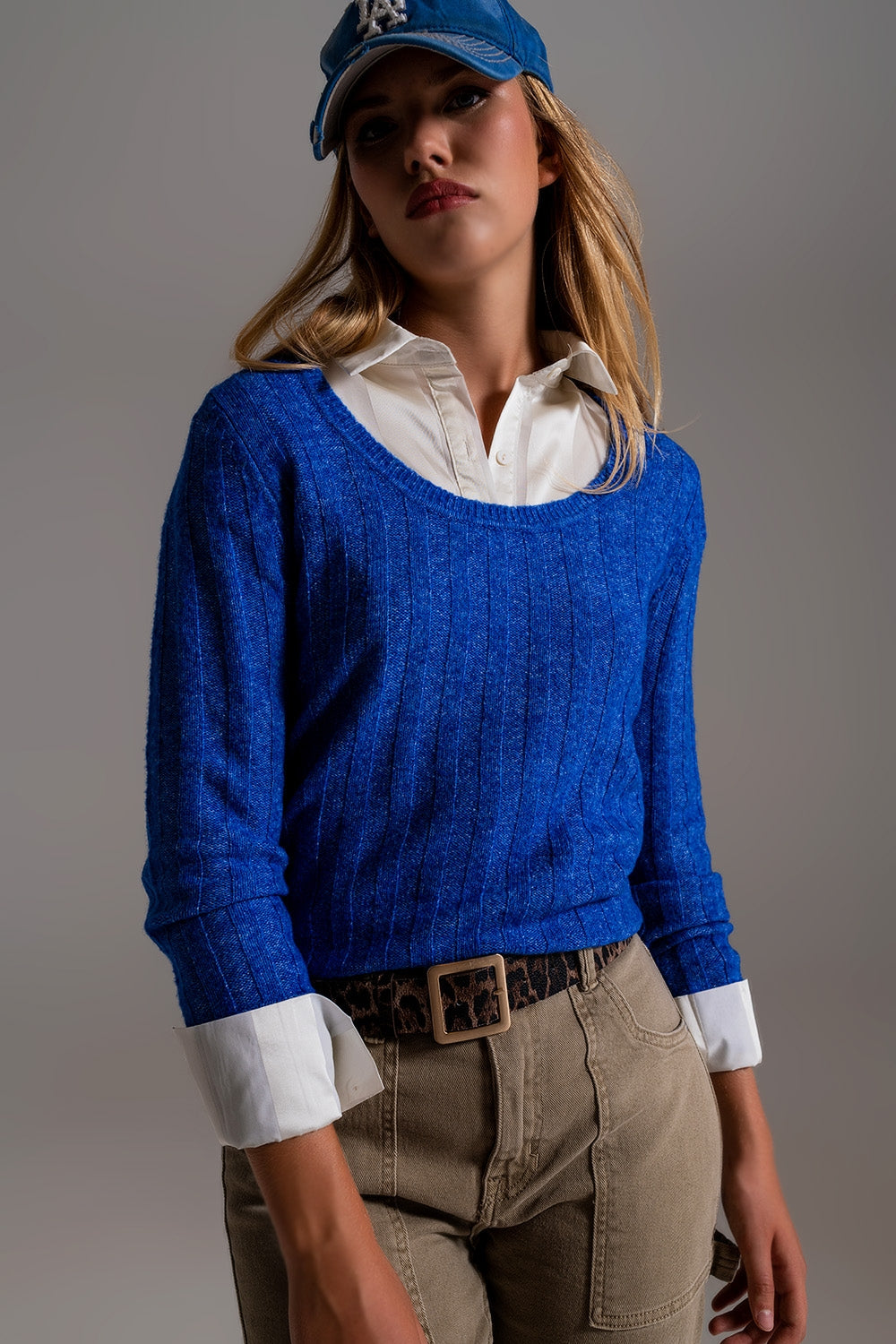 Q2 blue wide neck ribbed knit sweater