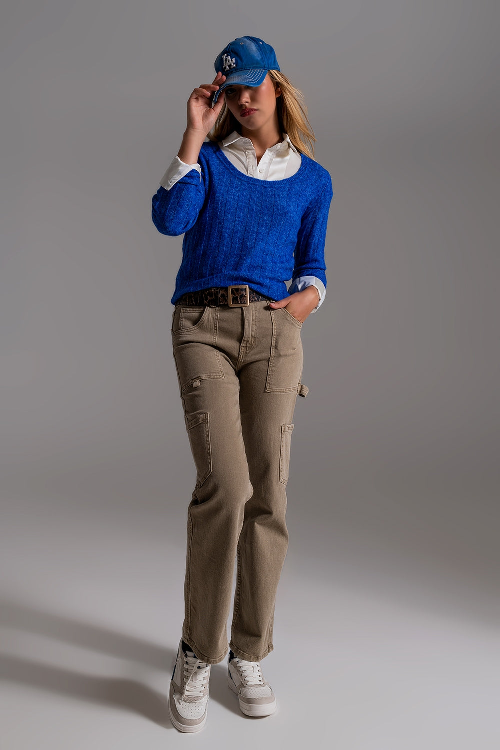 Blue Wide Neck Ribbed Knit Sweater - Szua Store