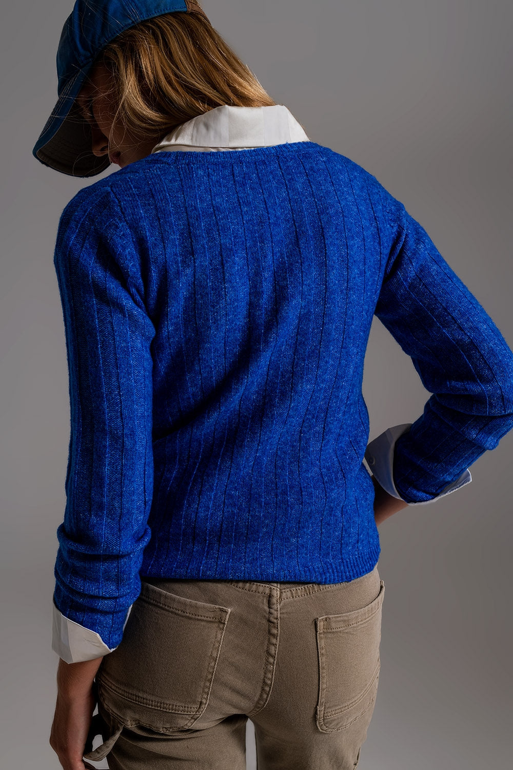 Blue Wide Neck Ribbed Knit Sweater - Szua Store