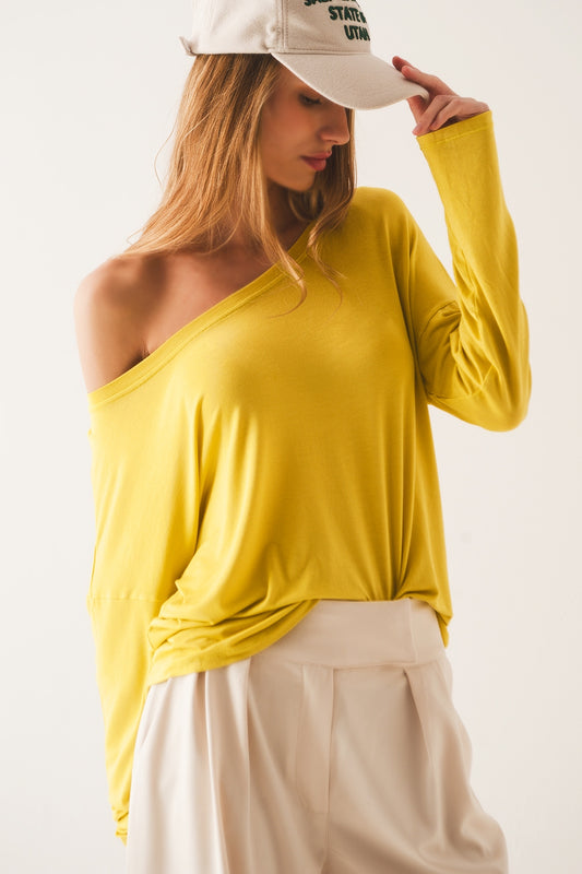 Q2 Boat neck Long sleeve t shirt in modal lime