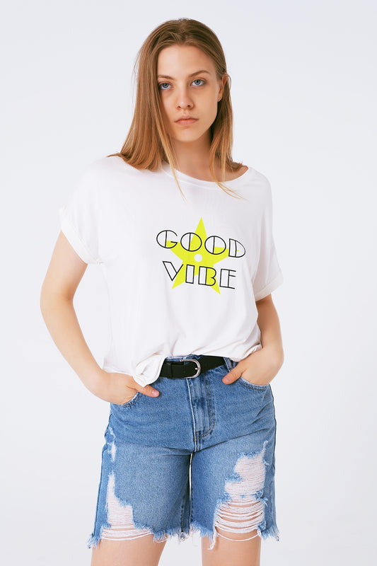 Q2 Boat neckline Relaxed fit T-shirt fluor good vibe logo