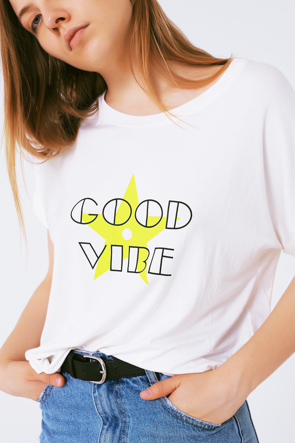 Boat neckline Relaxed fit T-shirt fluor good vibe logo - Szua Store