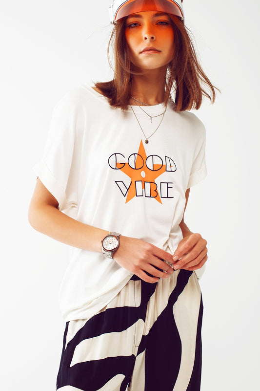Q2 Boat neckline Relaxed fit T-shirt orange good vibe logo