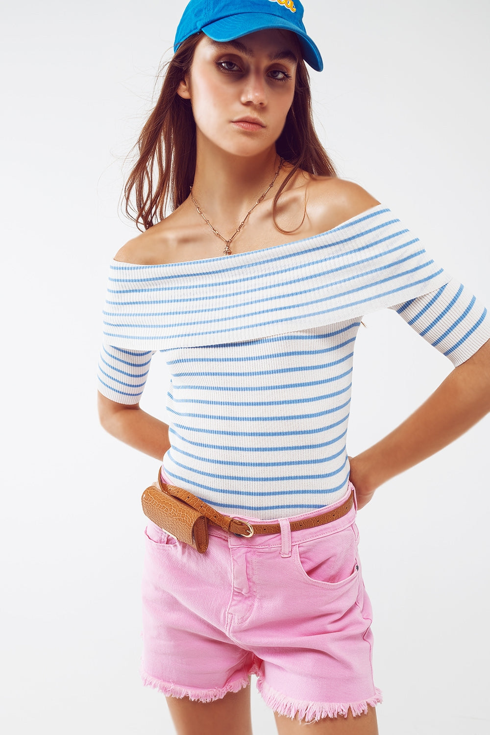 Q2 Boatneck Striped 3/4 Sleeve Shirt in Blue