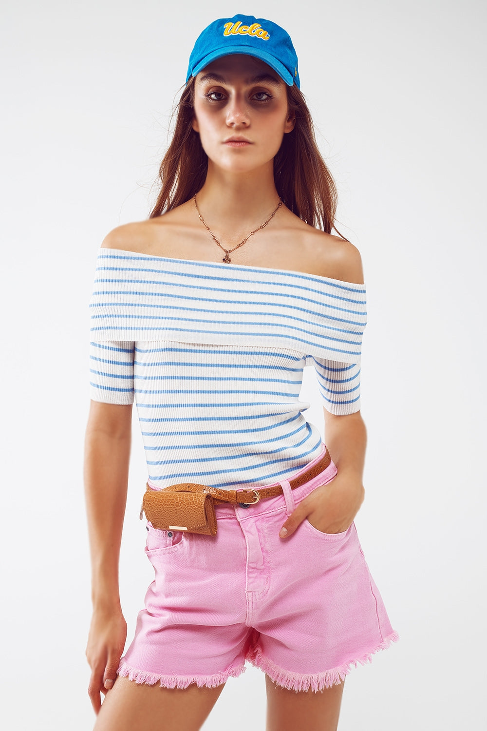 Boatneck Striped 3/4 Sleeve Shirt in Blue - Szua Store