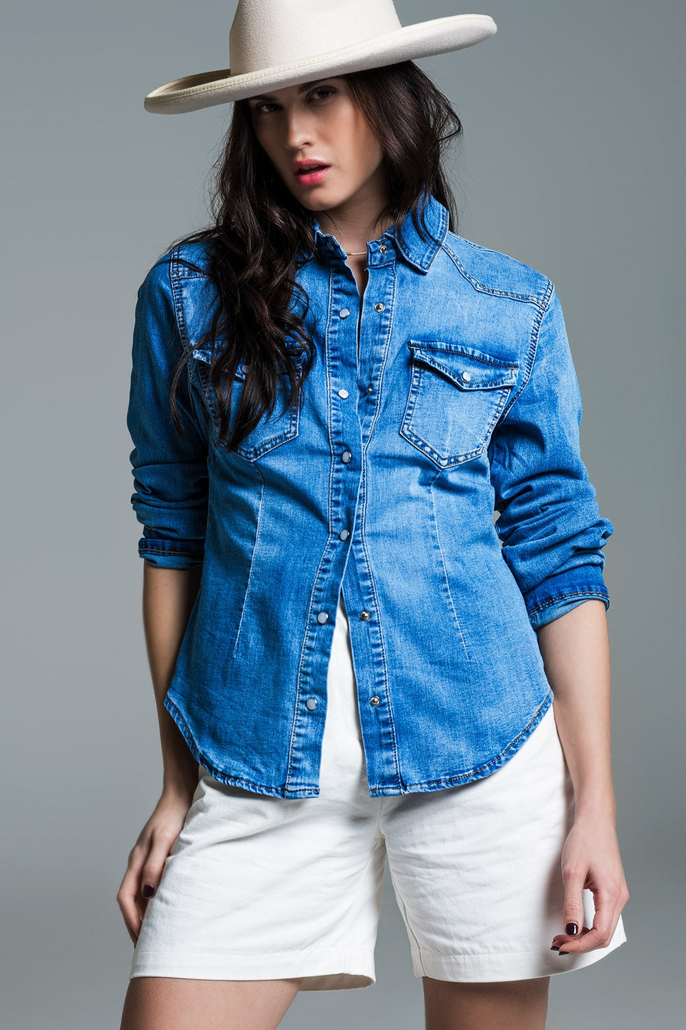 Q2 Body Con Mid Wash Denim Shirt  With Chest Pockets And Press Buttons