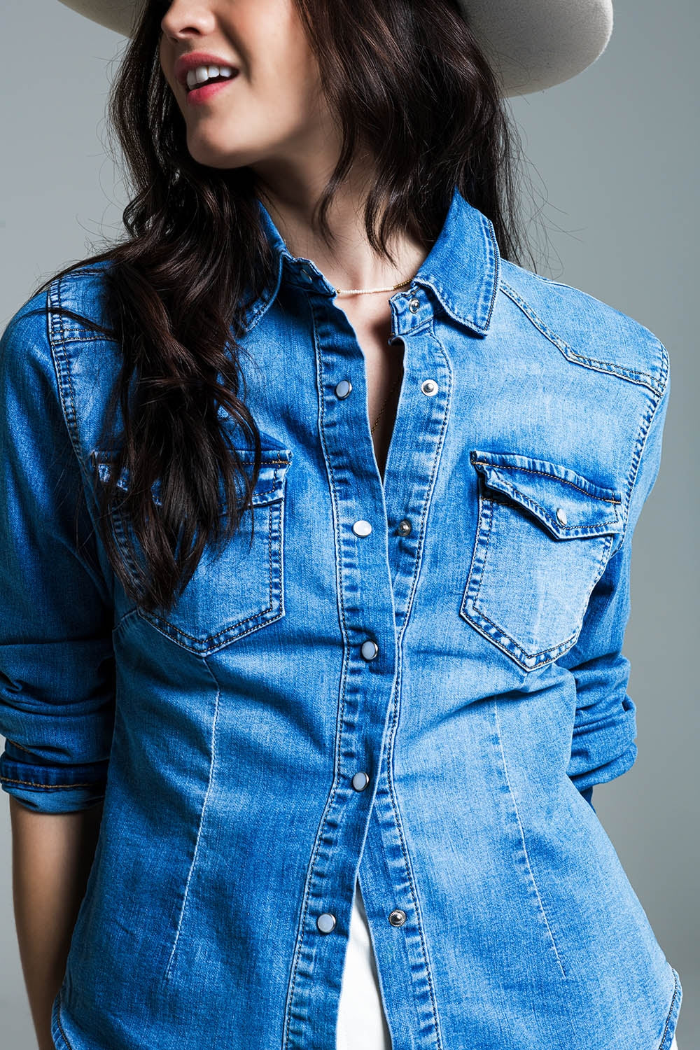 Body Con Mid Wash Denim Shirt  With Chest Pockets And Press Buttons