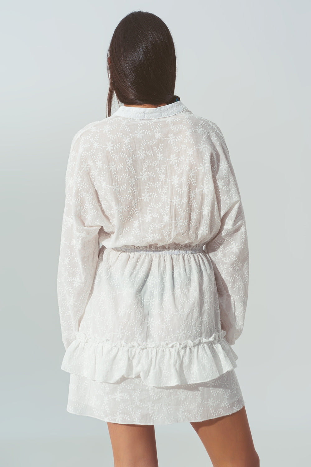 Broderie Mini Dress with Ruffles in White - Szua Store