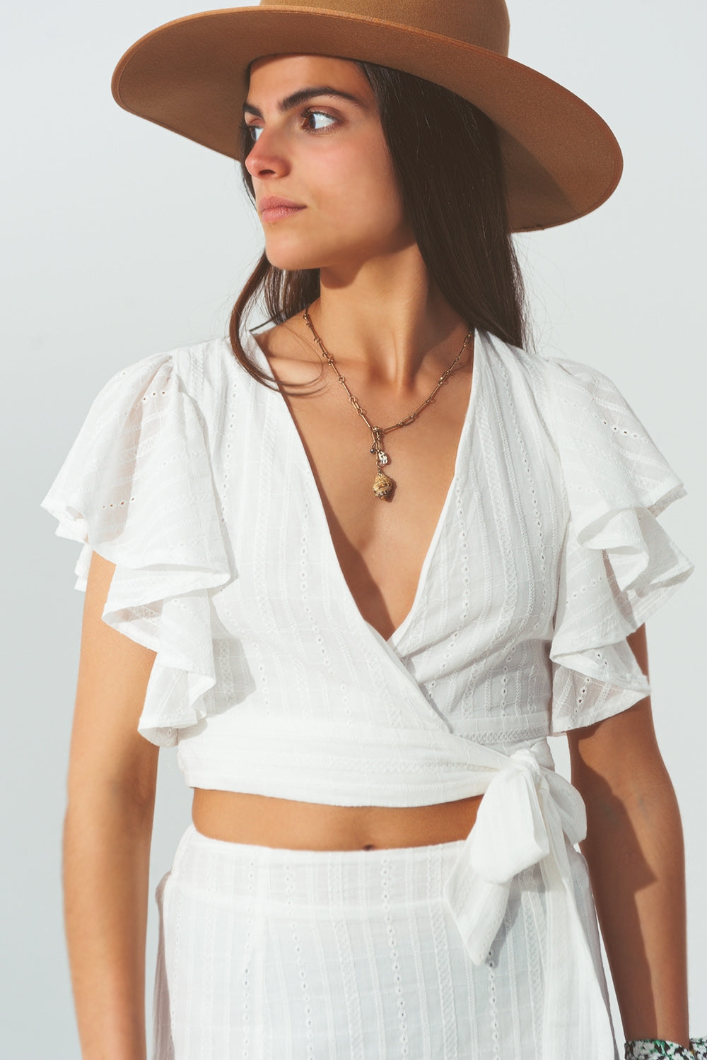 Q2 Broderie Wrap Crop Top in White